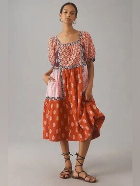 Maeve Short-Sleeve Square-Neck Tape-Detail Midi Dress